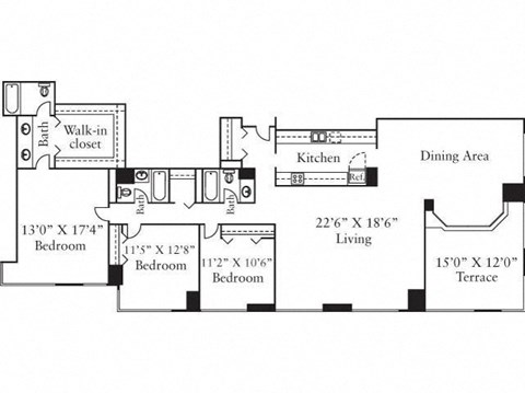 Floor plan for 3 beds, 3 baths, 2211 sqft